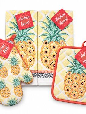 Welcome Pineapple Kitchen Dish Towel Oven Mitt Potholder Set of 4 Summer Beach